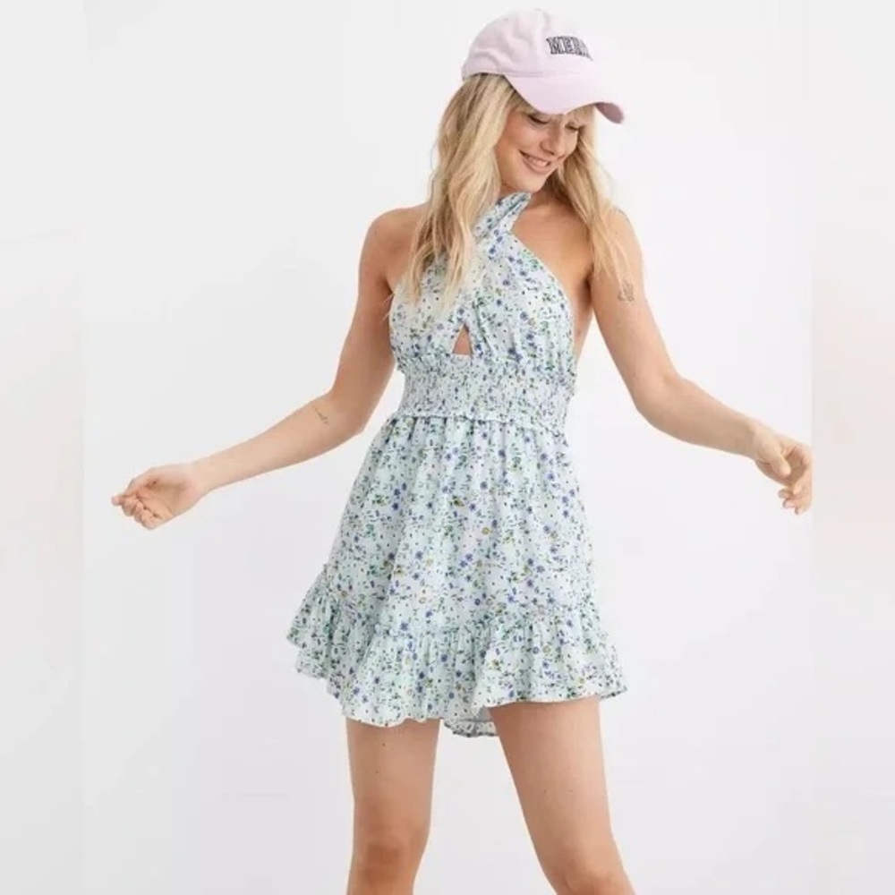 Aerie Spring Fling Floral Halter Mini Dress Cotton Size XL NWT